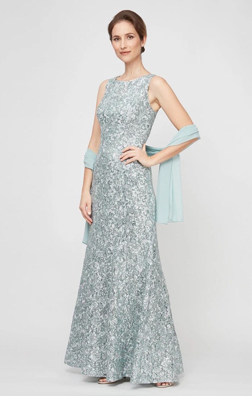 NWT Alex Evenings Sequin & Lace Fit & Flare Gown with Scarf